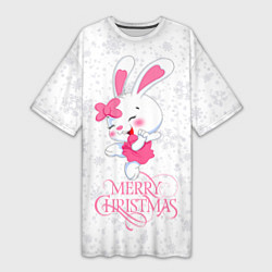 Футболка женская длинная Merry Christmas, cute bunny, цвет: 3D-принт