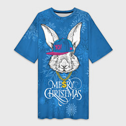 Женская длинная футболка Merry Christmas, rabbit in cap