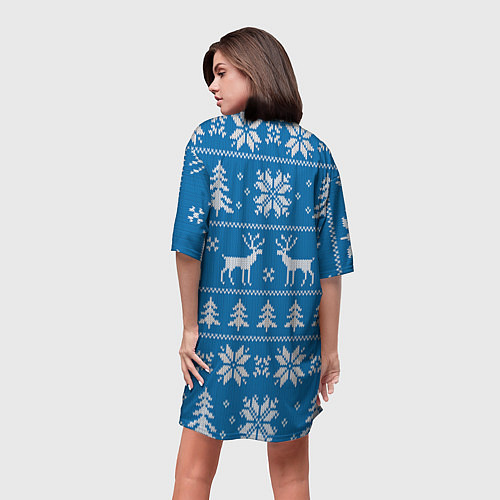 Женская длинная футболка Рождественский синий свитер с оленями / 3D-принт – фото 4