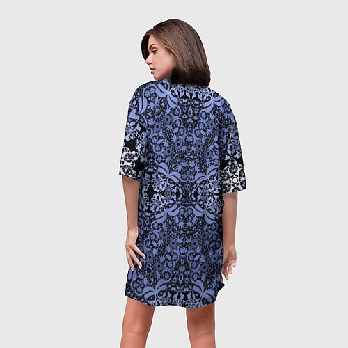 Женская длинная футболка Ажурный модный кружевной синий узор / 3D-принт – фото 4