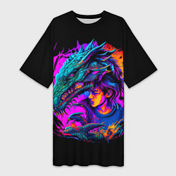 Женская длинная футболка Дракон и девушка - поп арт