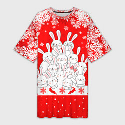 Женская длинная футболка Новогодняя елка в виде кроликов