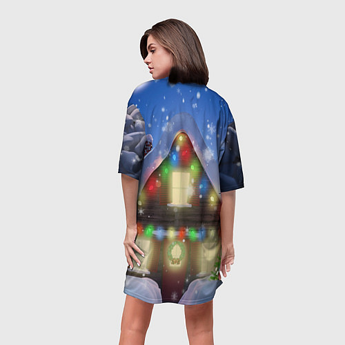 Женская длинная футболка Праздничный новогодний дом с гирляндами / 3D-принт – фото 4