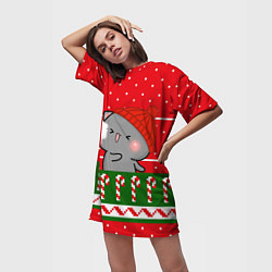 Футболка женская длинная Серый котик - игра в снежки, цвет: 3D-принт — фото 2