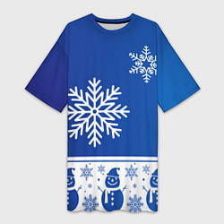 Футболка женская длинная Снеговики в снежинках синие, цвет: 3D-принт