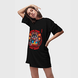 Футболка женская длинная Live fast eat spicy неоновый кот, цвет: 3D-принт — фото 2
