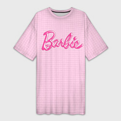 Женская длинная футболка Барби - логотип на клетчатом фоне