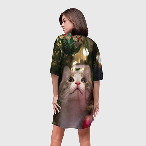 Женская длинная футболка Кот смотрит вверх / 3D-принт – фото 4