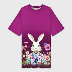 Женская длинная футболка Кролик на винном фоне