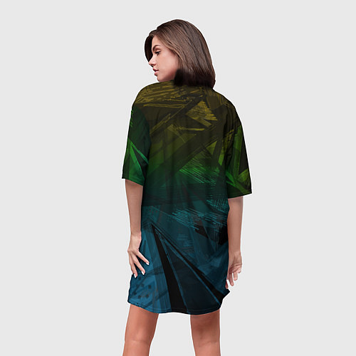 Женская длинная футболка Черный абстрактный узор на сине-зеленом фоне / 3D-принт – фото 4