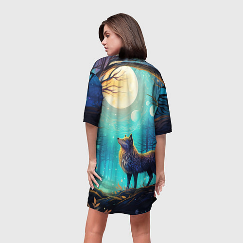 Женская длинная футболка Волк в ночном лесу в folk art стиле / 3D-принт – фото 4