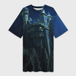Женская длинная футболка Гора и замок из блоков майнкрафт