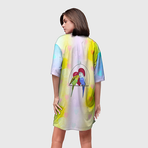Женская длинная футболка Влюбленная пара волнистых попугайчиков / 3D-принт – фото 4