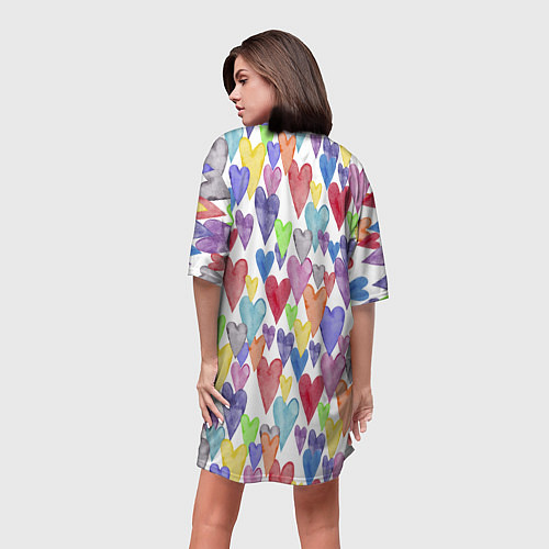 Женская длинная футболка Разноцветные сердечки Калейдоскоп / 3D-принт – фото 4
