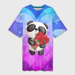 Женская длинная футболка Панда с букетом цветов
