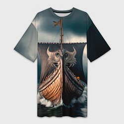 Женская длинная футболка Корабль в бушующем море