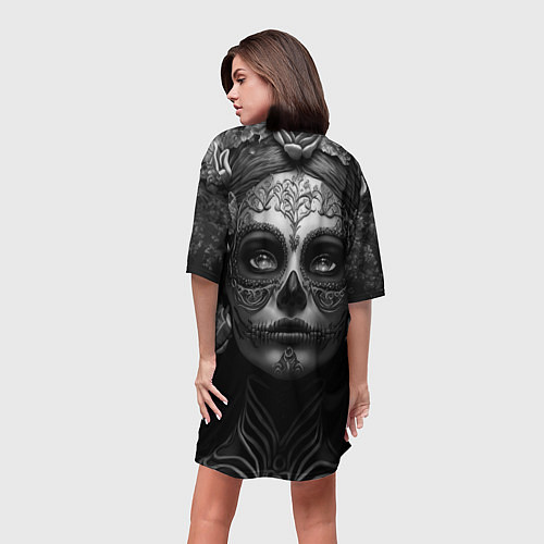 Женская длинная футболка Девушка с макияжем для дня мертвых / 3D-принт – фото 4