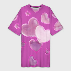 Футболка женская длинная Сердца на розовов фоне, цвет: 3D-принт