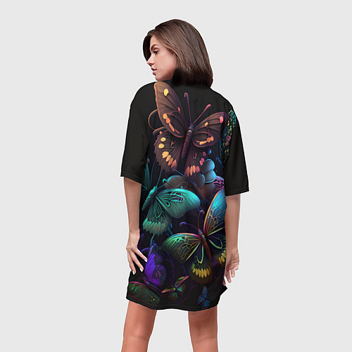 Женская длинная футболка Разные неоновые бабочки / 3D-принт – фото 4