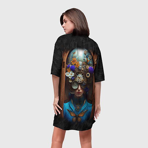 Женская длинная футболка Женщина с цветами в стиле стимпанк / 3D-принт – фото 4