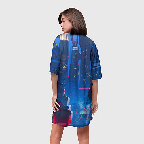 Женская длинная футболка Девушка в ночном городе - киберпанк - нейросеть / 3D-принт – фото 4