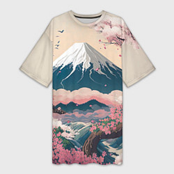 Футболка женская длинная Японский пейзаж: цветение сакуры у горы Фудзияма, цвет: 3D-принт