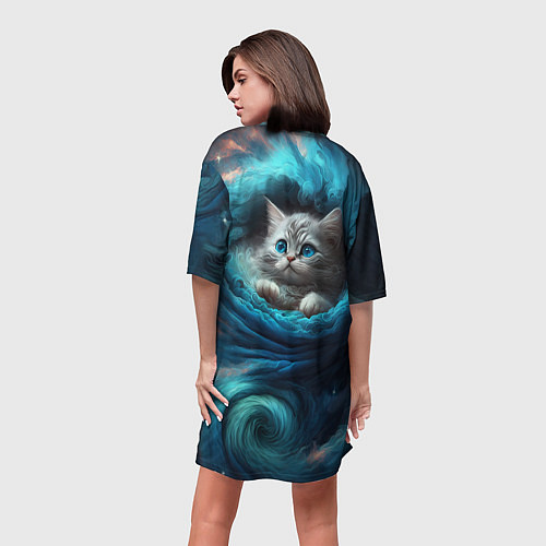 Женская длинная футболка Котик в звездных облаках / 3D-принт – фото 4