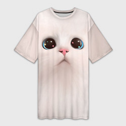 Женская длинная футболка Милый кот с большими глазами