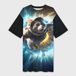 Женская длинная футболка Кот космонавт и взрыв звезды