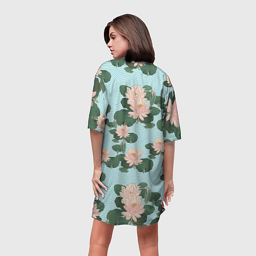 Женская длинная футболка Водяные лилии на бирюзовом фоне / 3D-принт – фото 4