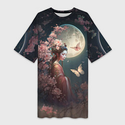 Женская длинная футболка Девушка в сакуре под луной
