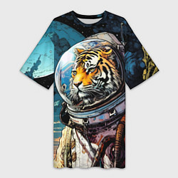 Женская длинная футболка Тигр космонавт на далекой планете