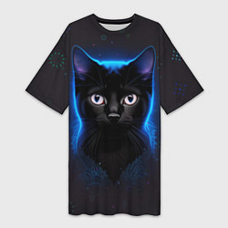 Женская длинная футболка Черный кот на фоне созвездий
