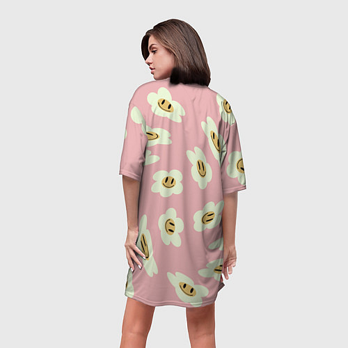 Женская длинная футболка Искаженные смайлы-цветы на розовом паттер / 3D-принт – фото 4