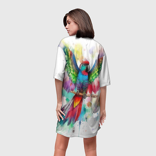 Женская длинная футболка Разноцветный акварельный попугай с расправленными / 3D-принт – фото 4