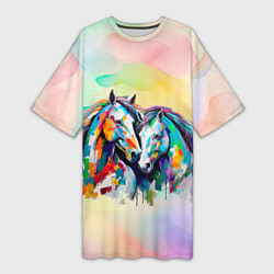 Женская длинная футболка Две разноцветные лошади