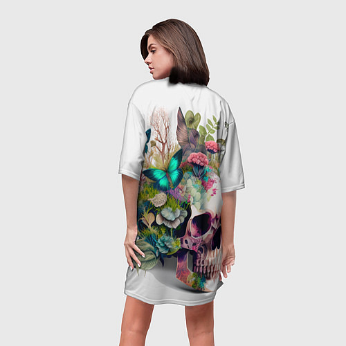 Женская длинная футболка Красивый череп с листьями и бабочками / 3D-принт – фото 4