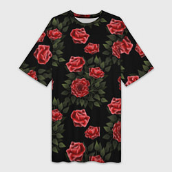 Футболка женская длинная Красные розы на черном - паттерн, цвет: 3D-принт