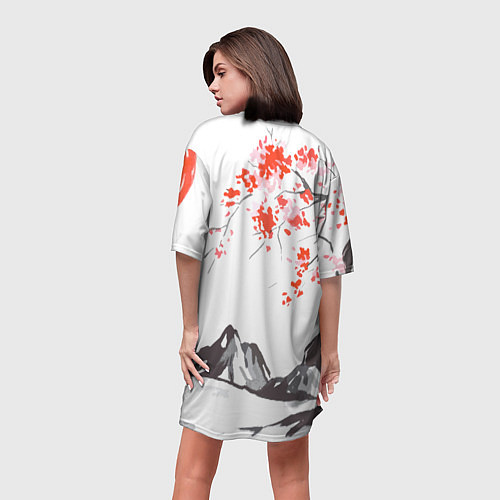Женская длинная футболка Цветущая сакура и солнце - Япония / 3D-принт – фото 4