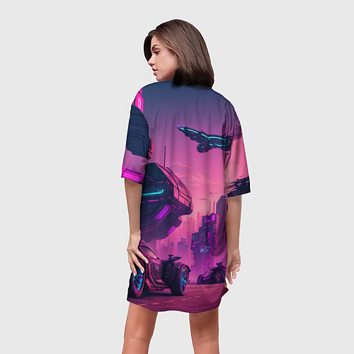 Женская длинная футболка Киберпанк в лиловом цвете / 3D-принт – фото 4