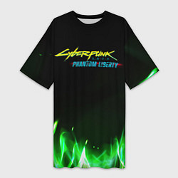 Женская длинная футболка Cyberpunk 2077 phantom liberty green fire logo