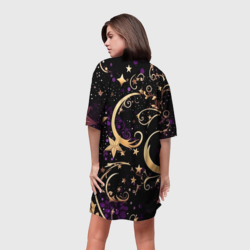 Женская длинная футболка Чёрный паттерн со звёздами и лунами / 3D-принт – фото 4