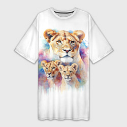 Женская длинная футболка Львица мама с двумя львятами