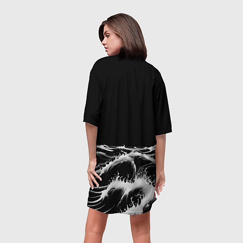Женская длинная футболка Черные бущующие волны / 3D-принт – фото 4