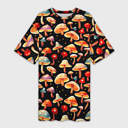 Женская длинная футболка Разноцветный грибной паттерн