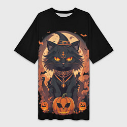 Женская длинная футболка Черный кот в хеллоуине