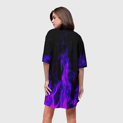 Женская длинная футболка Неоновый огонь на черном фоне / 3D-принт – фото 4