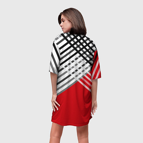 Женская длинная футболка Косые черно-белые полосы на красном / 3D-принт – фото 4