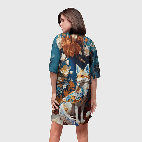 Женская длинная футболка Магический лисёнок в цветах / 3D-принт – фото 4