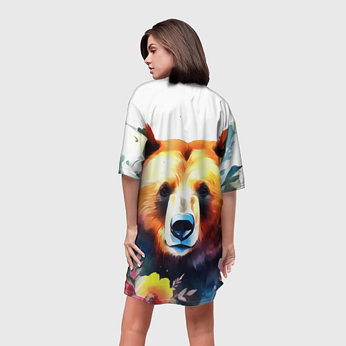 Женская длинная футболка Морда медведя гризли с цветами акварелью / 3D-принт – фото 4